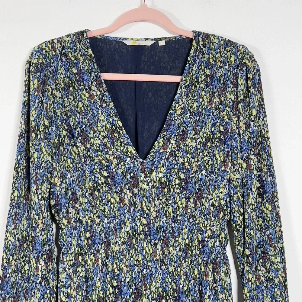 Boden Plisse Mini Dress Sz US 6L‎ XS Blue Floral V Neck Long Sleeve Dress